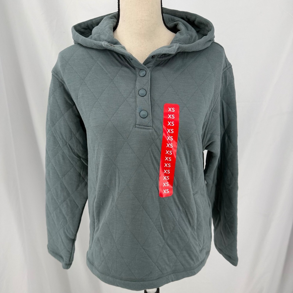 Lands End Quilted Pullover Hoodie Womens XS Light Blue Snap Neck Sweatshirt NEW
